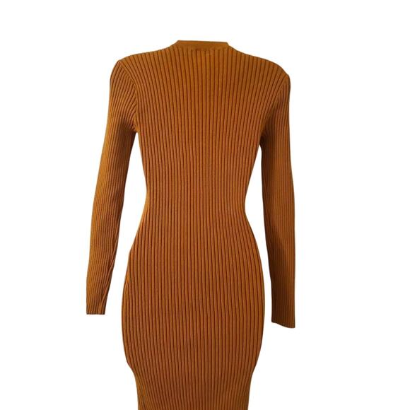 Women's Long-Sleeve Ribbed Bodycon Lattice Neck Dress Brown-Medium-NWT - Picture 3 of 6